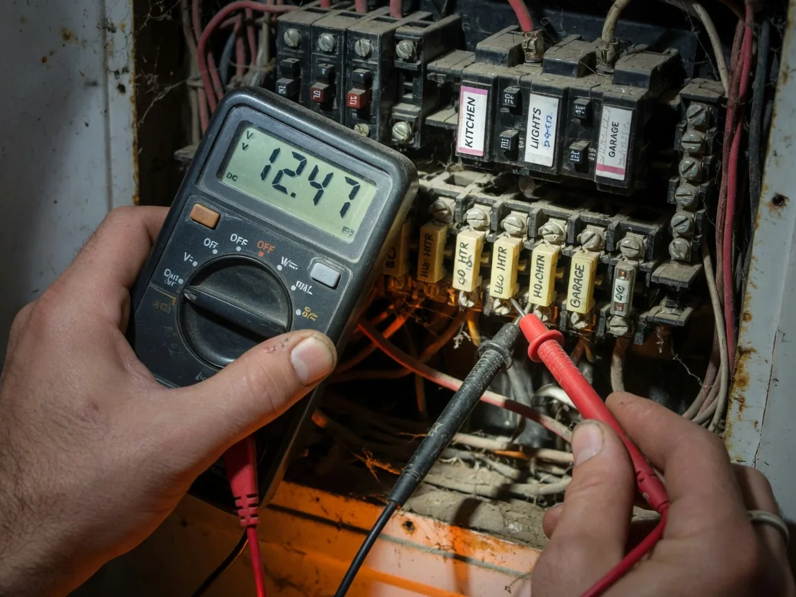 Close-up of a digital meter testing a fuse box