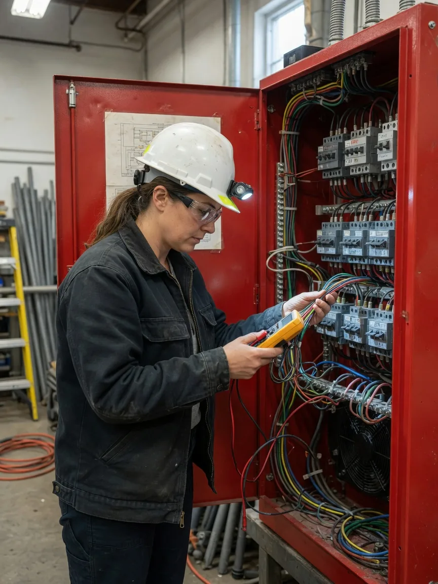 Electrician inspecting a red electrical cabinet