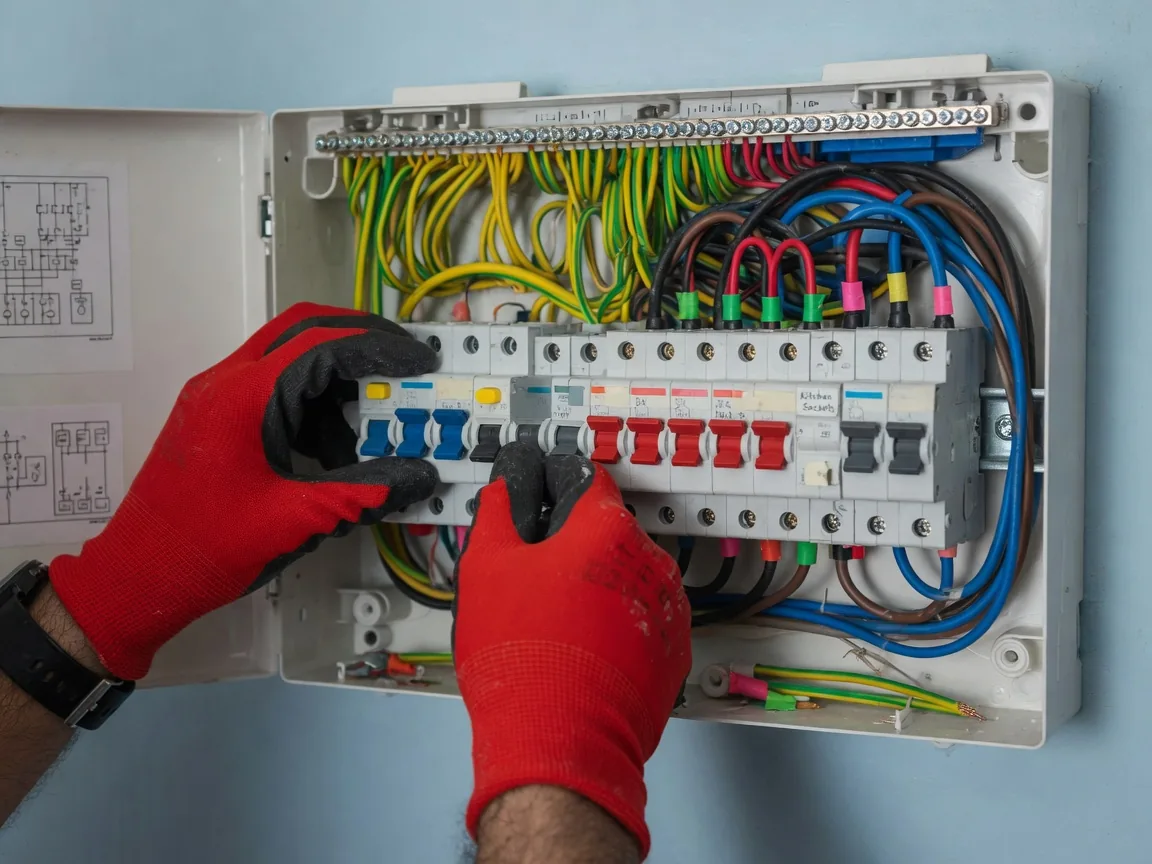Gloved electrician inspecting circuit wiring